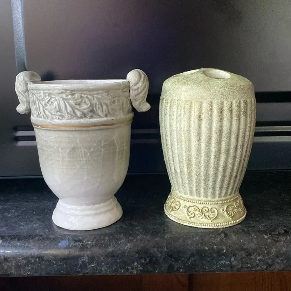 Chateau gold and Sage green bathroom toothbrush holder and cup vase